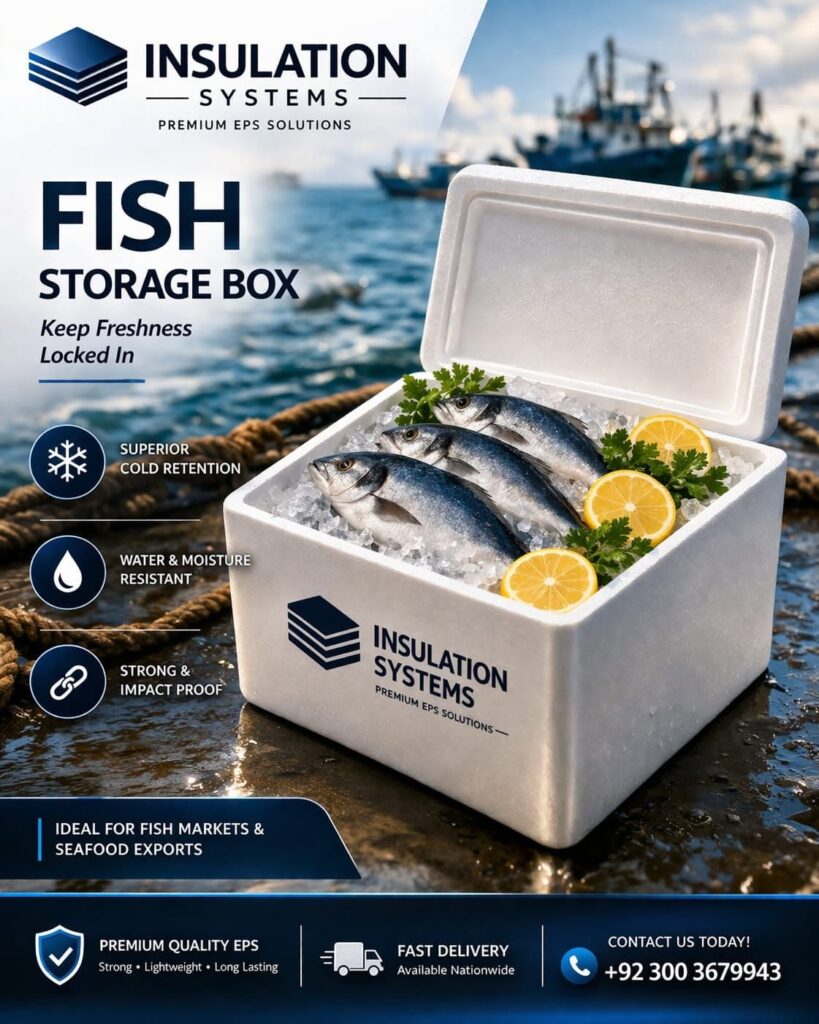 EPS thermocol fish storage ice box with fish by Insulation System Pakistan