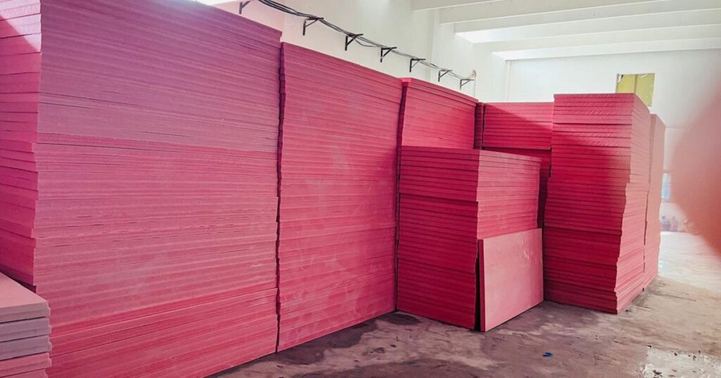 Pink XPS insulation boards stacked in rows for quality inspection at the Insulation System factory