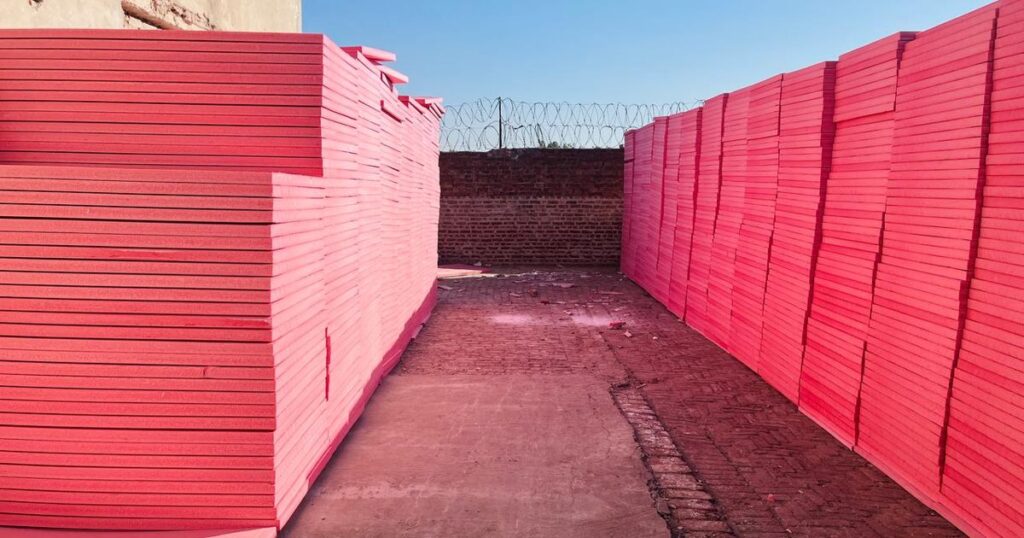 Pink Jumbolon XPS boards in a long stack, used for wall and roof insulation in Pakistan
